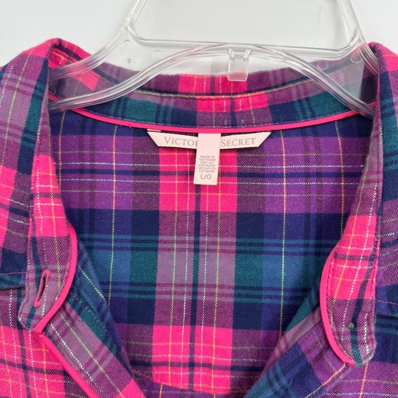 Victoria’s Secret Pajama Set Size L Pink Plaid 2 Piece Women’s Button Up Flannel - Picture 7 of 8